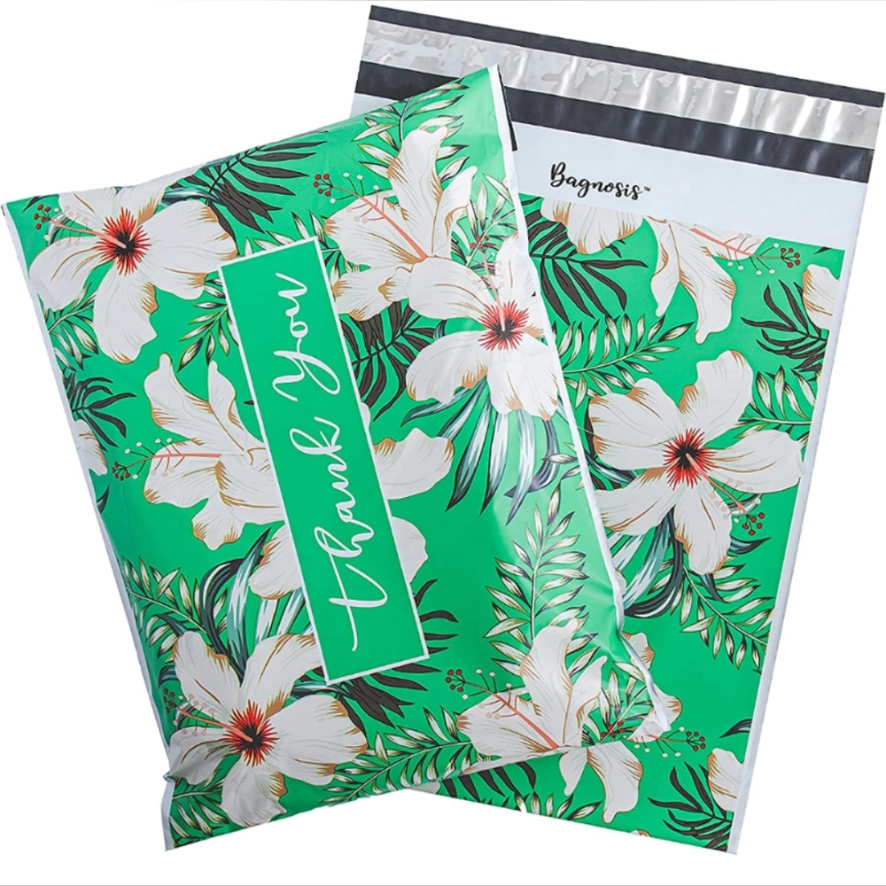 FOR FINER ITEMS Premium Poly Mailer Bags Green Floral Metallic Champagne Tissue